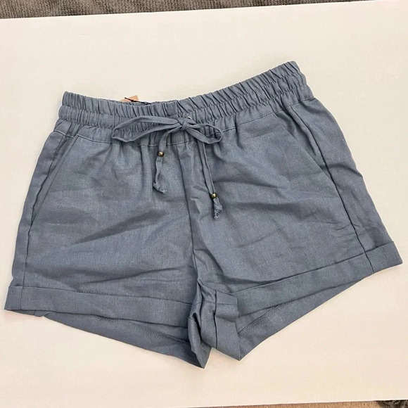 Linen Shorts Drawstring Pull-On Style Side Pockets Smocked Elastic Waist… - Picture 1 of 4